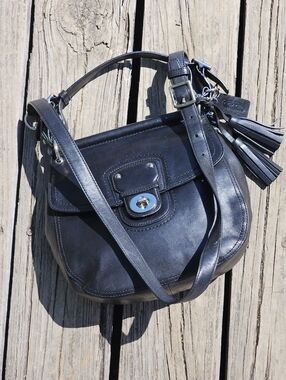 Coach WILLIS Black Tassel Reissue Black Leather Shoulder Bag with Tassel Charm